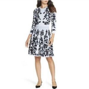Eliza J Floral Fit & Flare Knit Sweater Dress Women’s SZ Small Light Blue Black